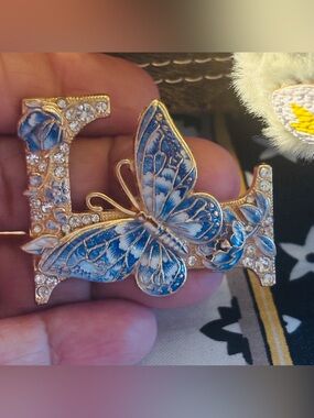 Gold-Tone Blue Enamel Butterfly Brooch with Crystal Accents